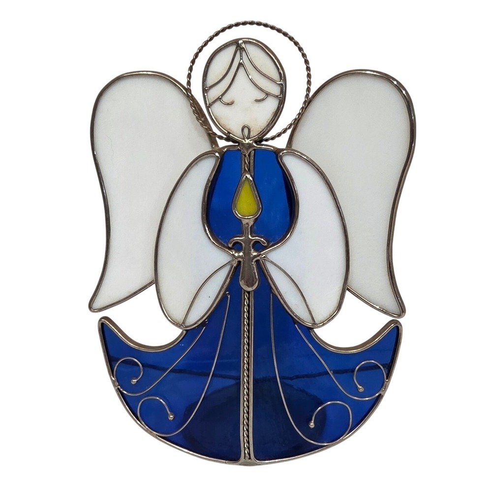 Stained Glass Angel Core Tea Light Candle Holder Cobalt Blue White Wings Granny